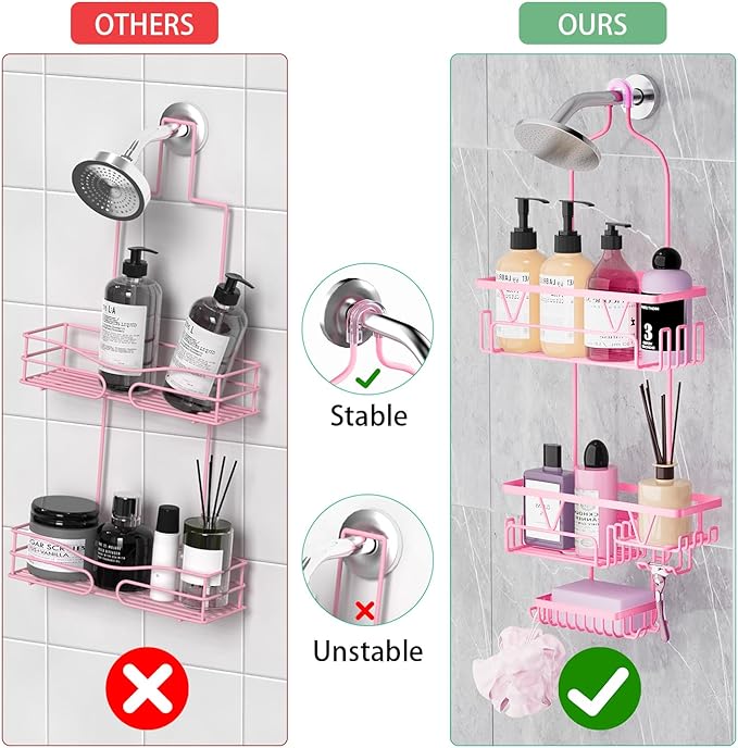 Hanging Shower Caddy Over Shower Head, Anti-Swing Shower Organizer For Inside Shower With 2 Soap Holders, Multi Hooks, Rustproof Bathroom Accessories, Pink