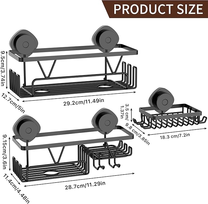 KEGII Shower Caddy Suction Cup, 3 Pack Removable Shower Shelves with Hooks & Soap Holder, No Drilling Bathroom Organizer, Waterproof Suction Storage for Inside Shower, Black