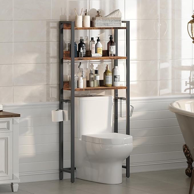 Over The Toilet Storage Rack, 3 Tier Bathroom Organizer Over Toilet, Freestanding Space Saver Toilet Stand with 2 Hooks, Bathroom Storage Shelf, Easy to Assemble, Rustic Brown TSHR6001