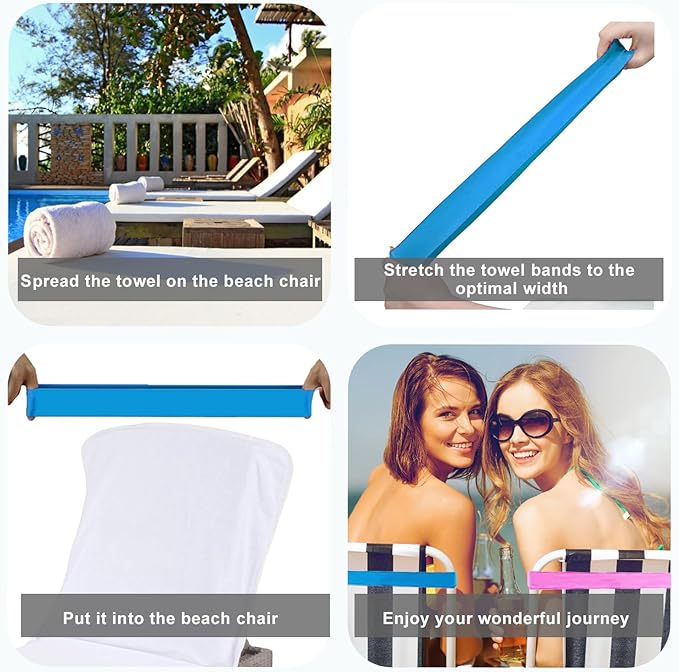 6 Pack Towel Bands, Towel Holder for Beach Chair, 6 Color Rubber Towel Clips for Pool Chair, Must Haves Beach & Cruise Accessories, Towel Bands for Cruise Chairs, Perfect Alternatives for Towel Clips