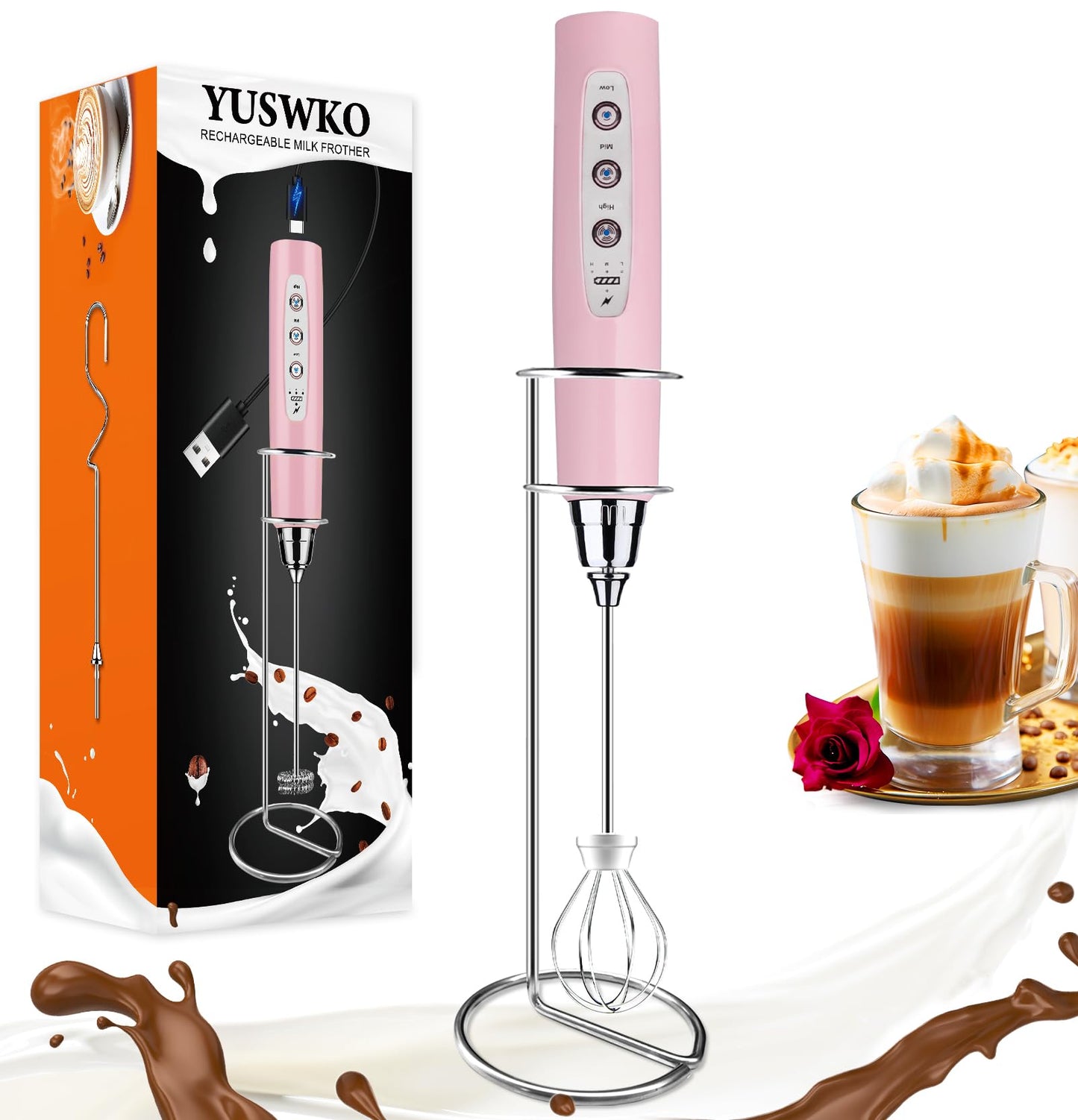 YUSWKO Handheld Milk Frother Wand for Coffee, Rechargeable Electric Whisk with 3 Heads 3 Speeds Drink Mixer Coffee Frother For Latte, Cappuccino, Hot Chocolate, Egg, Beige