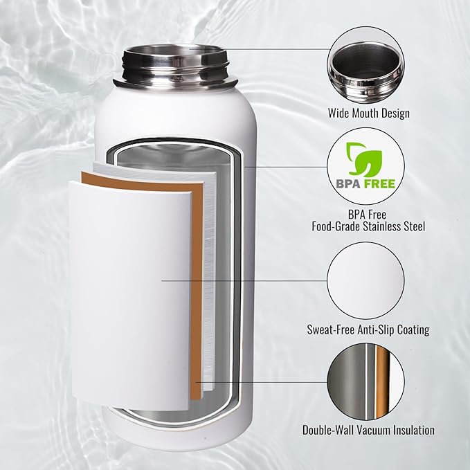 32 oz Insulated Water Bottle with Handle, 304 Stainless Steel Water Bottles with Wide Mouth, Double Wall Vacuum Sports Water Bottle, BPA Free, Keep Cold and Hot, White