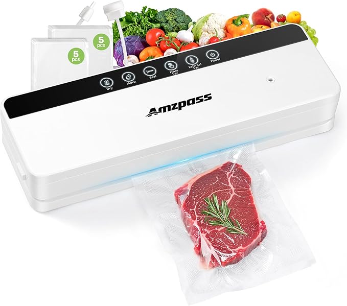 Amzpass Vacuum Sealer for Food, 6-in-1 Food Vacuum Sealer Machine, Built-in Cutter Food Sealer Vacuum Sealer, Compact Vacuum Sealers with 20 Vacuum Bags, External VAC for Jars & Containers, Black