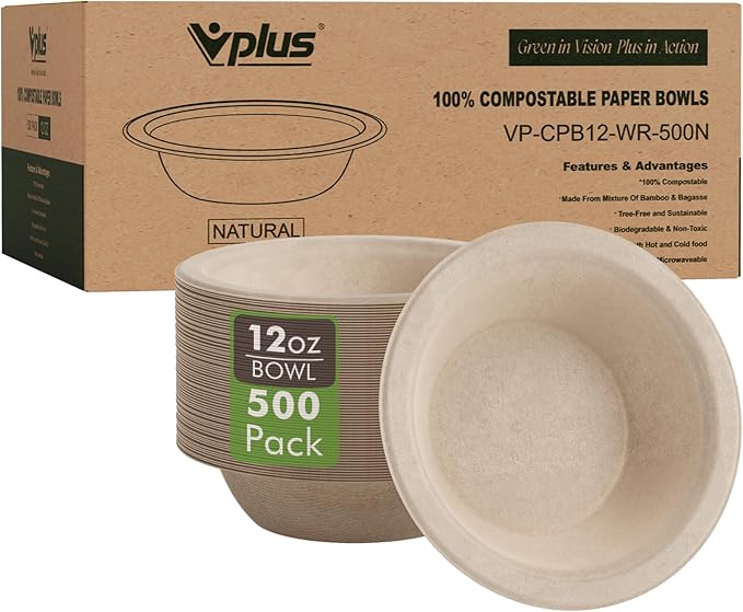 Vplus 500 Pack 12 OZ Compostable Paper Bowls, Bagasse Bowls Bulk，Nature