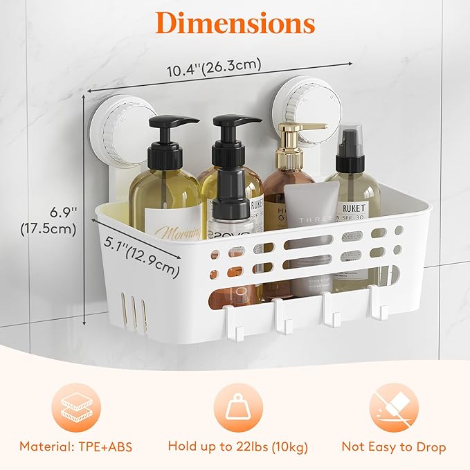 Lifewit Shower Caddy Suction Cup, NO-Drilling Bathroom Organizers and Storage Rack for Inside Shower, Plastic Removable Shower Shelves for Shampoo Strong Vacuum Suction, 26 cm/10 inch Long, 1 Pack