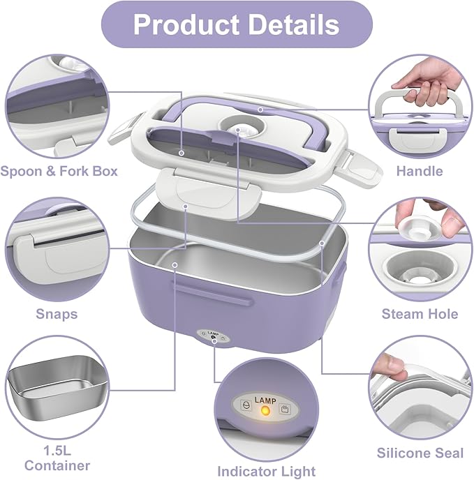 Vabaso Electric Lunch Box Food Heater, Electric Heating Lunch Boxes Lunch for Adults/Men/Car/Truck, 80W 1.5L Removable 304 Stainless Steel Container, 110V/12V/24V, with Fork & Spoon