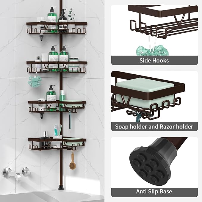Corner Shower Caddy Tension Pole - Adjustable 4-Tier Shower Shelf Stainless Steel Corner Tension Rod Bathroom Organizer Shampoo Holder with Soap Holders & Hooks for Bath, Tub, Floor Space Saving