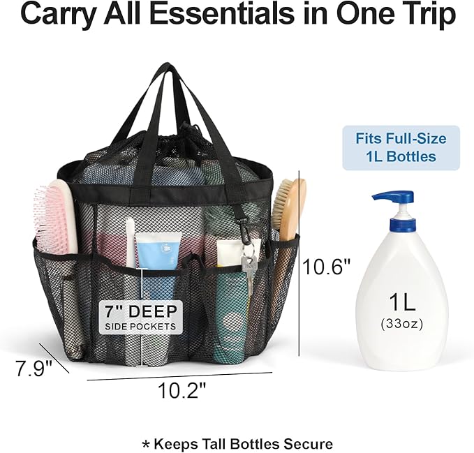 F-color Mesh Shower Caddy Portable with Drawstring - Large 8 Pockets Dorm Room Essentials for Guys Girls with S Hook, Shower Bag Basket Tote for College Camping Gym Travel Toiletry Bathroom, Black