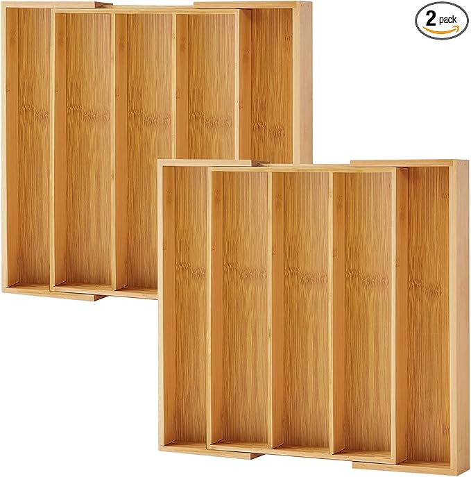 Purawood Kitchen Drawer Organizer - Expandable Utensil Drawer Organizer for Kitchen, Cutlery Tray & Silverware Organizer, 3-5 Slots - Bamboo Organizer for Utensils & Flatware (Grey)