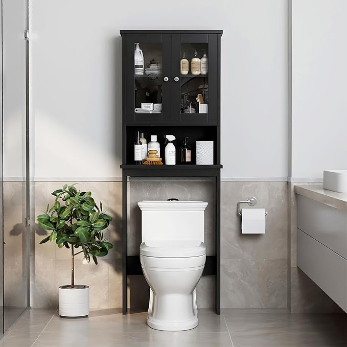 Meilocar Over The Toilet Storage Cabinet for Bathroom, Storage Organizer Over Toilet with Glass Doors, Space Saver for Living Room, Black