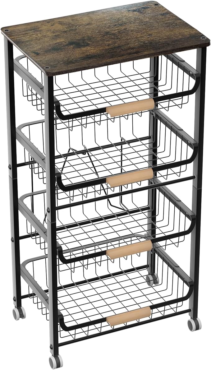 NiuYichee 3-layer Kitchen Fruit Storage Basket Snack Rack, Countertop & Desktop Pull-out Metal Basket with Handle, Organizers