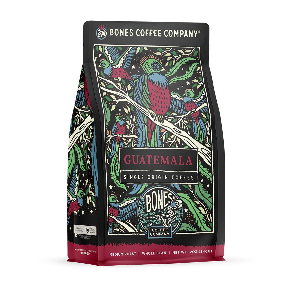 Bones Coffee Company Ethiopia Single-Origin, Citrus, Floral and Berries Notes, Whole Coffee Beans, Low Acid Medium Roast Arabica Beans Flavored Coffee, 12 oz Whole Bean