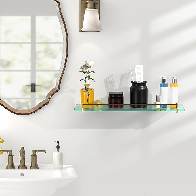 20 Inches Glass Shelves for Bathroom, Brushed Gold Floating Glass Shelf Stainless Steel Tempered Glass Bathroom Shelves for Wall Mount Modern