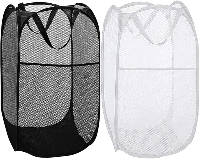 BATTOO Deluxe Strong Mesh Pop up Laundry Hamper Basket with Side Pocket for Laundry Room, Bathroom, Kids Room, College Dorm or Travel Black+White