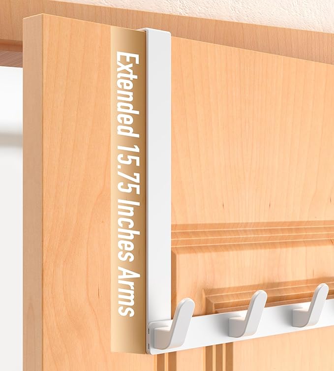 Long Over The Door Hooks with 15.75-inch Arms for Easier Access by Women, Heavy Duty Door Hanger for Winter Coat, L16U, Fits Standard 1 3/8'' Doors, Towel Racks Organization, White