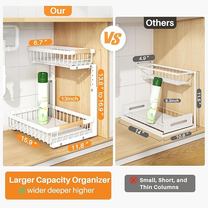 PXRACK Under Sink Organizer, Adjustable Height, 2-Pack 2 Tier Pull Out Under Cabinet Organizer, Slide Out Thickened Metal Under Sink Storage for Kitchen Bathroom Laundry Pantry Cabinet, L, White