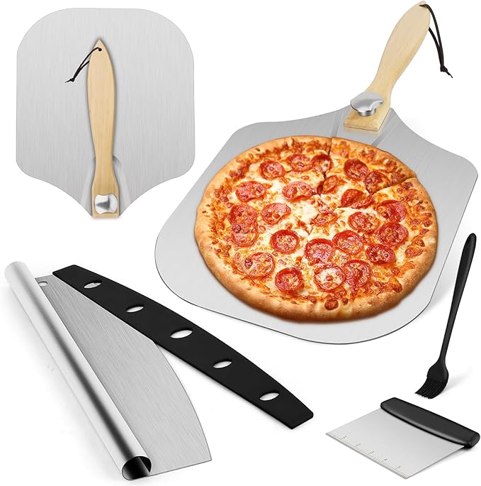 Pizza 7PCS Pizza Peel Pizza Pan Set, 12" x 14" Pizza Spatula, Aluminum Pizza Paddle with Rocker Cutter Scraper Pie Server Oil Brush, Pizza Oven Accessories, Baking Pizza, Dough, Bread & Pastry