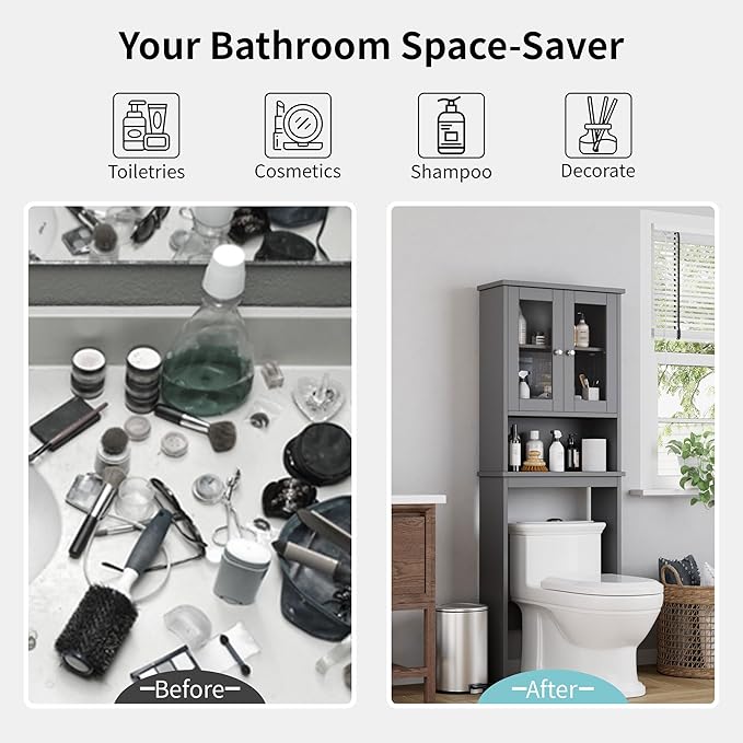 Shintenchi Over The Toilet Storage Cabinet, Bathroom Shelf Organizer with Anti-Tip Device Small Freestanding Space Saver with Adjustable Shelf and Glass Door, Gray