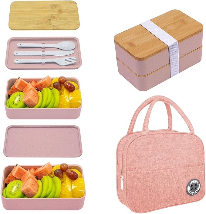 Bento Box Adult Lunch Box with lunch bag, Japanese Stackable Lunch Box Containers for Adult, Bento lunch Box with Dividers Black