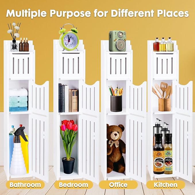 ShellKingdom Toilet Paper Holder Stand, Bathroom Storage Cabinet with Doors and Shelves, Slim Storage Cabinet for Bathroom Small Spaces Corner Shelf Organizer - White