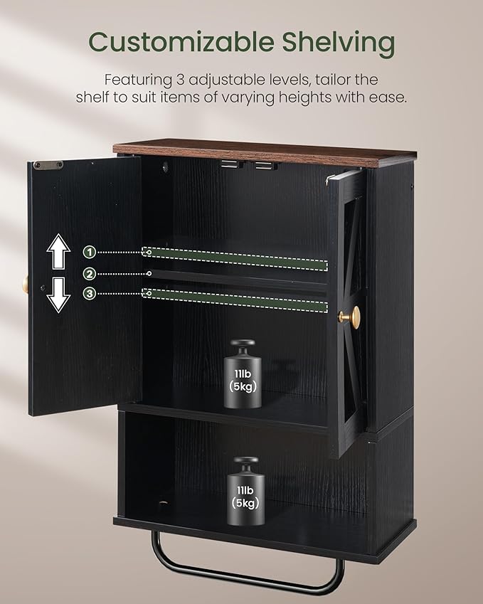 Bathroom Wall Cabinet, Medicine Cabinet with Open Partition and Towel Bar, Rustic Storage Cabinet with Open and Hidden Storage Space, for Bathroom, Living Room, Kitchen, Black and Walnut