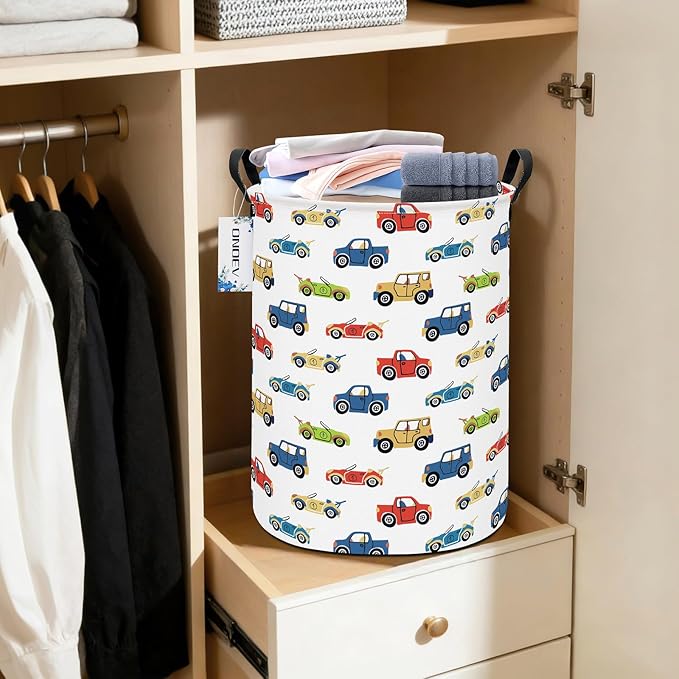 Round Foldable Kids' Racing Cars Laundry Hamper Boys Gift Basket Vehicles Transportation Suitable For Home Decoration and Toy Storage(Car)
