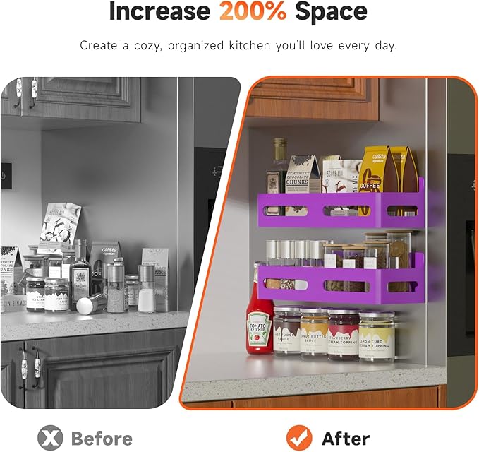 4 Pack Strong Magnetic Spice Rack for Refrigerator, Multipurpose Magnetic Shelf for Fridge with 4 Hooks for kitchen and Bathroom Organization, Purple