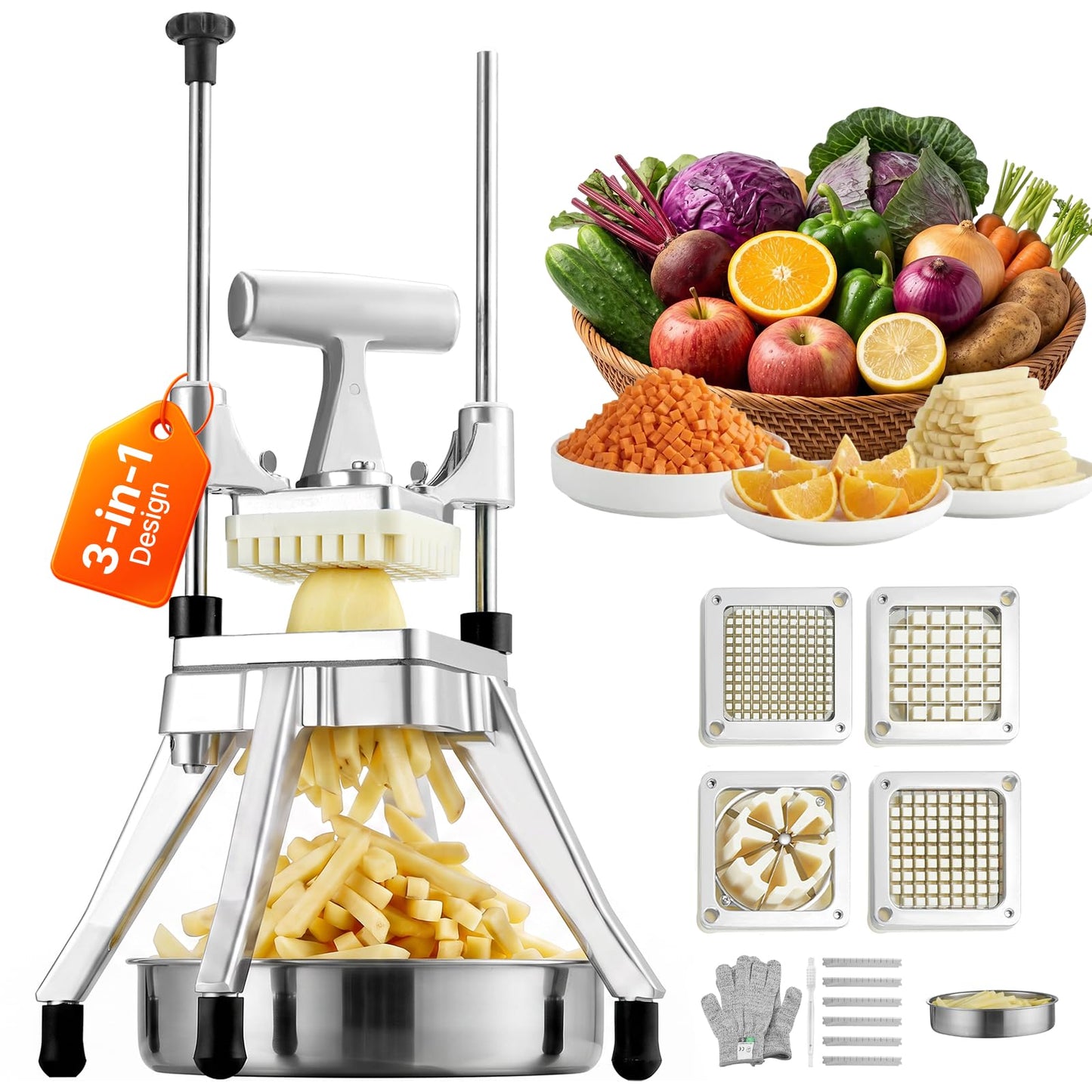 VEVOR Commercial Vegetable Fruit Chopper, Stainless Steel French Fry Cutter w/ 4 Blades 1/4" 3/8" 1/2", Vegetable Chopper Dicer w/Stainless Bowl, Heavy Duty Cutter for Potato Tomato Onion Mushroom