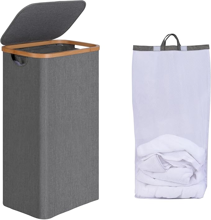 efluky Slim Laundry Basket with Lid, Narrow Laundry Hamper with Removable Bag, Skinny Dirty Clothes Basket with Bamboo Handles for Bathroom, Bedroom & Laundry Room, 75L Grey