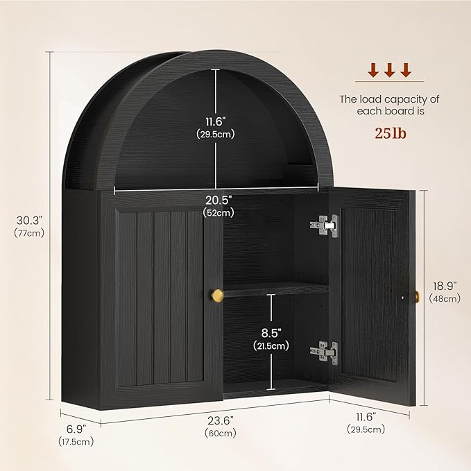 Arched Bathroom Wall Cabinet, 23.6 x 30.3'' Over The Toilet Cabinet with Grille Door, Adjustable Shelf, Wall Mounted Cabinets for Bathroom Laundry Room Kitchen (Grille Door, 30IN)