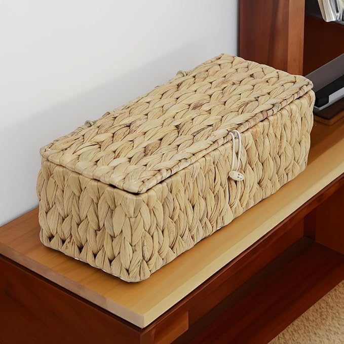 Water Hyacinth Storage Basket with Lid, Rectangular Tank Woven Wicker Baskets with Sections, Decorative Box for Snack Toys Bathroom (Water Hyacinth)