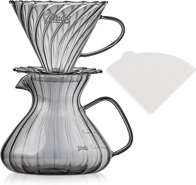 Bincoo Pour Over Coffee Maker Set with Dripper Size 02,600ml Glass Coffee Server Set,60 Angle TaperedGlass Coffee Dripper with Stand&Filter Paper for Home Office Gift (Green)