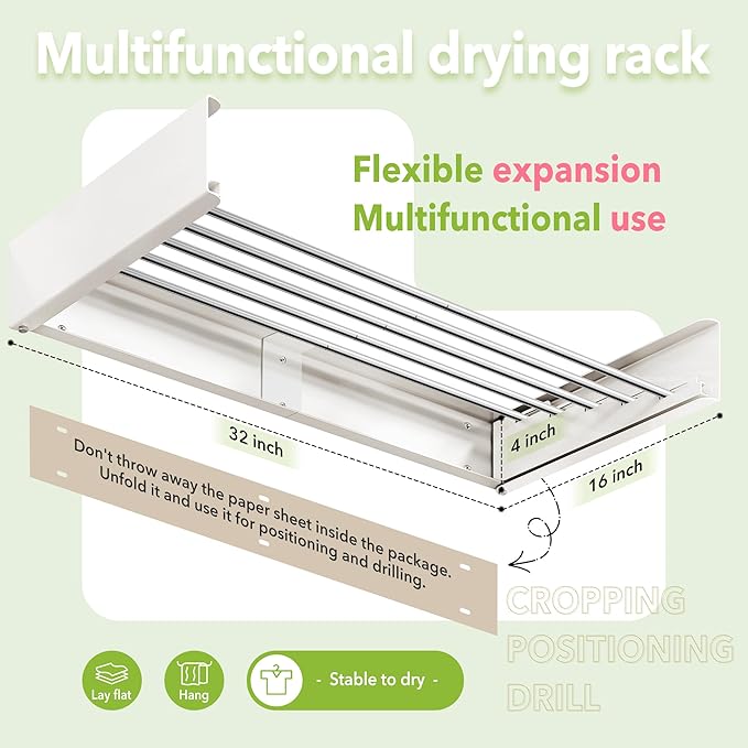 Wall Mounted Drying Rack,32 inches,Foldbale, Clothes Drying Rack,Laundry Drying Rack Wall Mount,Drying Rack Clothing Space Saver,Retractable,Collapsible,Folding Laundry Rack,White