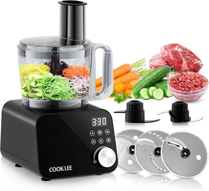 COOKLEE Food Processor, 600 Watts, 6 Functions Electric Food Chopper for Chopping, Mincing, Dicing, Shredding, Slicing, Purees & Dough with 12cup Processor Bowl, Food Chute & Pusher, Silver