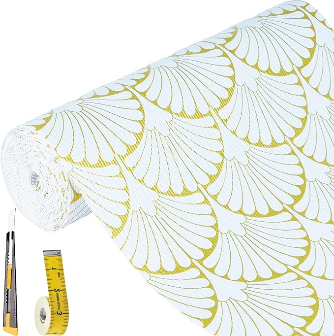 Shelf Liners Non Adhesive Gold Background White Fan-Shaped Pattern - Thickened Non-Slip Easy to Clean Drawer Liner for Kitchen Cabinets, Tool Box,Refrigerator,with Knife & Tape Measure,12in x 10FT