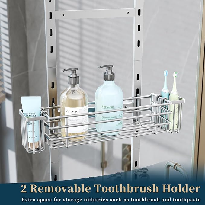 Consumest Over The Door Shower Caddy - 5 Tier Adjustable Shower Organizer Hanging with 2 Toothbrush Holders & 4 Hooks, Rustproof Organizer Shelf, Storage Rack for Bathroom, Silver