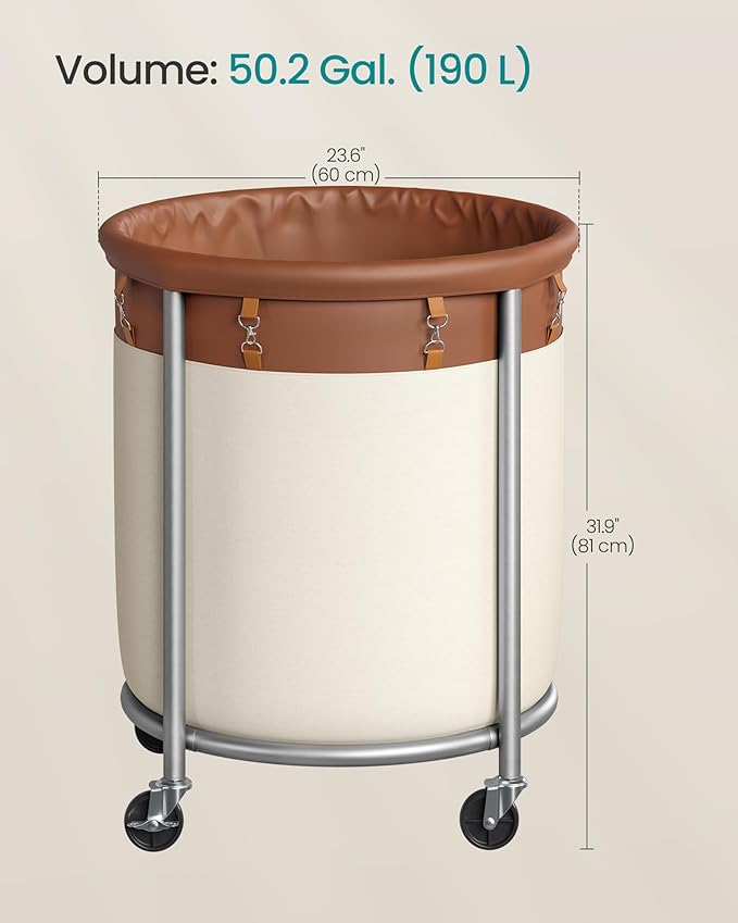 SONGMICS 50.2-Gallon (190 L) Laundry Basket with Wheels, Rolling Round Heavy-Duty Laundry Hamper Cart with Steel Frame and Removable Bag, 2 Locking Wheels, Coffee Brown and Cream White URLS001KQ02