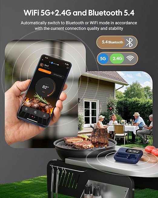 WiFi Bluetooth Meat Thermometer 2 Probes, IP67 Waterproof for Smoker Oven Cooking Large