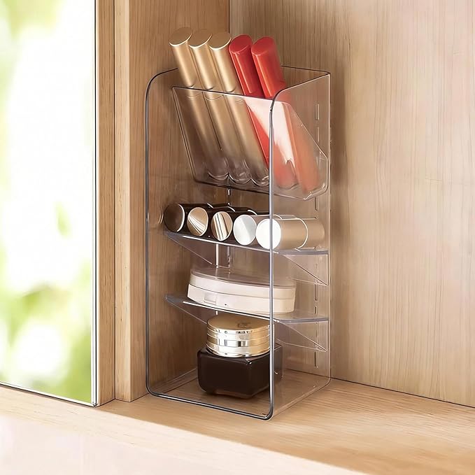 Medicine Cabinet Organizer with Adjustable Dividers, Clear Vertical Layered Backward Slanting Shelves for Makeup Brush/Lip Gloss/Mascara Storage (3-Tier Slant-Gentle Slant)