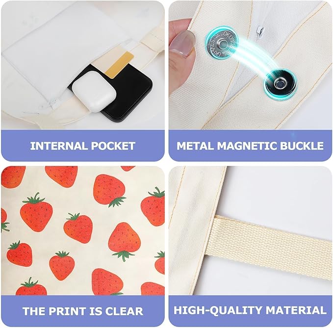 MOLOVA 1-PACK Cute Strawberry Print Canvas Tote Bag, Reusable Grocery Bag with Magnetic Snap Closure & Inner Zipper Pocket, Aesthetic Gift for Women