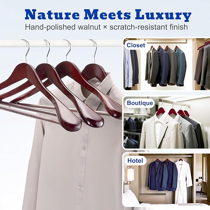 HOUSE DAY Wood Suit Hangers for Men, Wide Shoulder Wooden Hangers with Non Slip Pants Bar, Smooth Retro Finish 360° Swivel Hook Solid Wood Coat Hangers for Heavy Clothes Hanger 6 Pack (Cherry Wood)