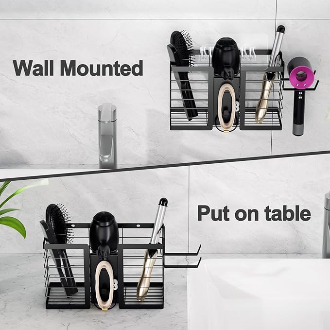 FUNKYLEE Hair Tool Organizer - Hair Dryer Holder, 3 in 1 Metal Bathroom Organizer Wall Mount for Flat Iron, Curling Iron, Straightener, Styling Tools Bathroom Storage and Organizer (Black)