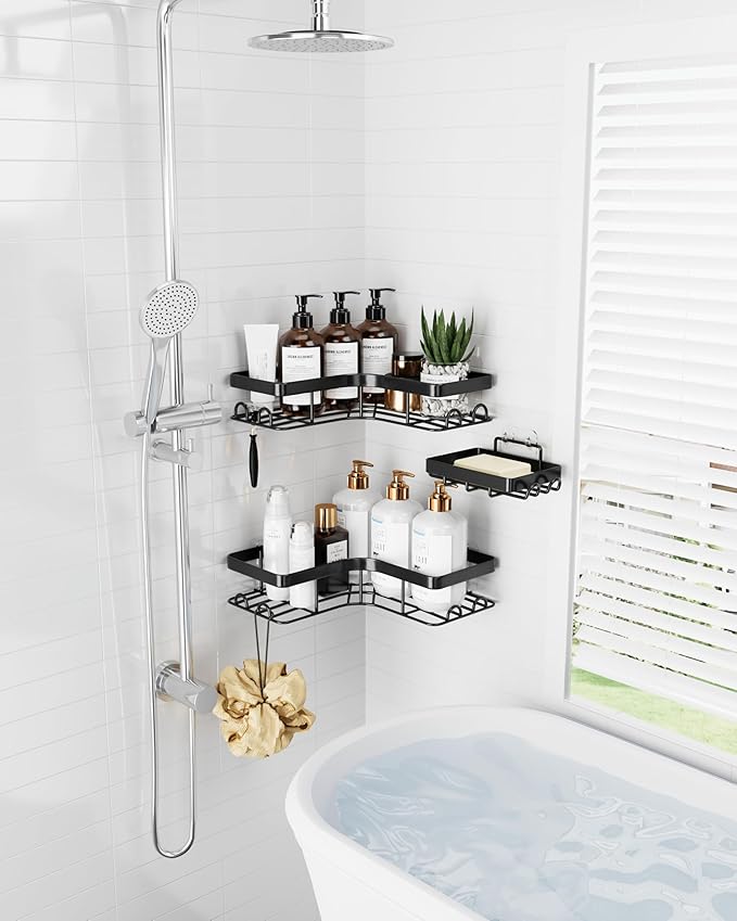 Corner Shower Caddy - 3-Pack Shower Organizer with Soap Holder & Built-In Hooks, Rustproof Metal Shower Shelves, Laundry, Kitchen, Bathroom Organizers and Storage Solution, Large, Black