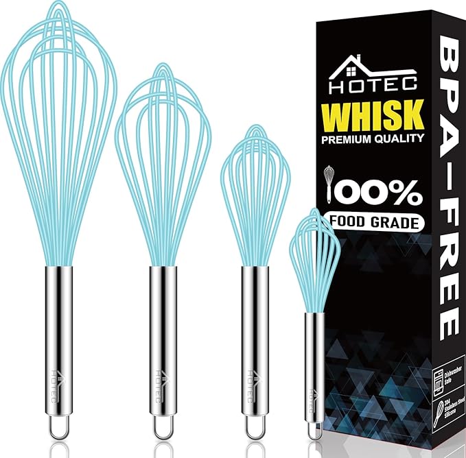HOTEC 4 Pieces Silicone Whisks Set, Wire Balloon Whisks for cooking Egg Beater, Non-slip Handle Whisk for Non-stick Cookware Perfect for Cooking, Stirring, Beating and Blending,Multicolor