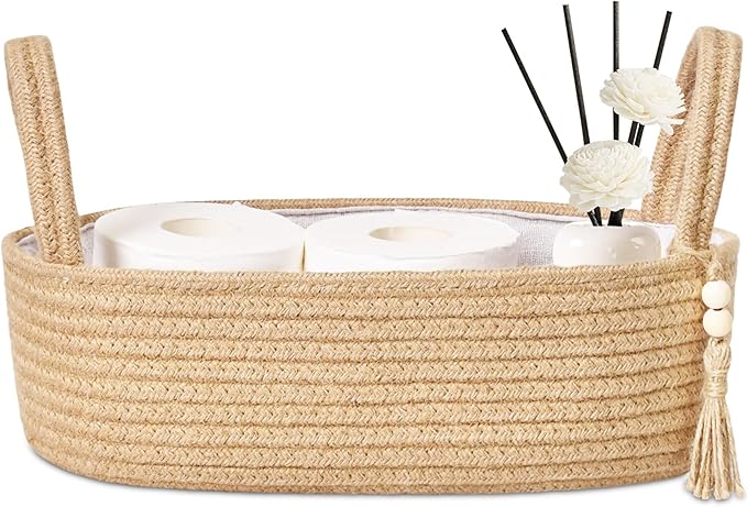ABenkle Jute Rope Boho Storage Basket, Small Woven Bathroom Organizer, Decorative Toilet Paper Holder for Back of Tank, Hand Towel Caddy, Home Office Desk Decor, Gift Basket-13x6x4 Inches
