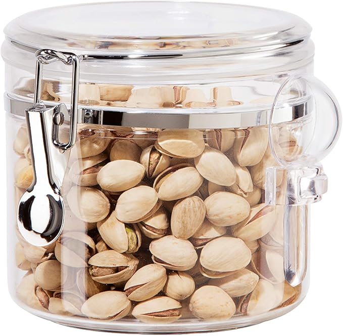 Oggi Clear Canister Airtight 72oz - Clamp Lid & Spoon - Airtight Food Storage Container, for Kitchen & Pantry Storage of Bulk, Dry Foods, Pasta, Flour, Sugar, Coffee, Rice, Tea, Spices & Herbs