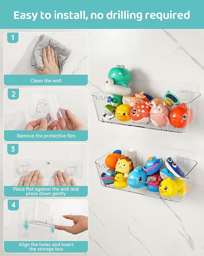 Bath Toy Storage Organizer 2+2 Pack, Transparent Bath Toy Holder with Drain Holes, Durable Plastic Bathtub Toy Storage for Bathroom, Quick-Dry Drainable Shower Caddy, Easy to Clean (Clear 2+2 Pack)