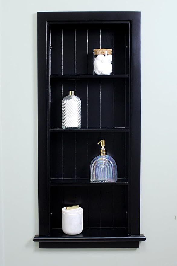 Fox Hollow Furnishings 14x36 Aiden Recessed Wall Niche Medicine Cabinet Replacement, in The Wall Bathroom Cabinet Insert Shelf/Shelves, Made in North America, Real Wood, NO MDF, Beadboard, Black