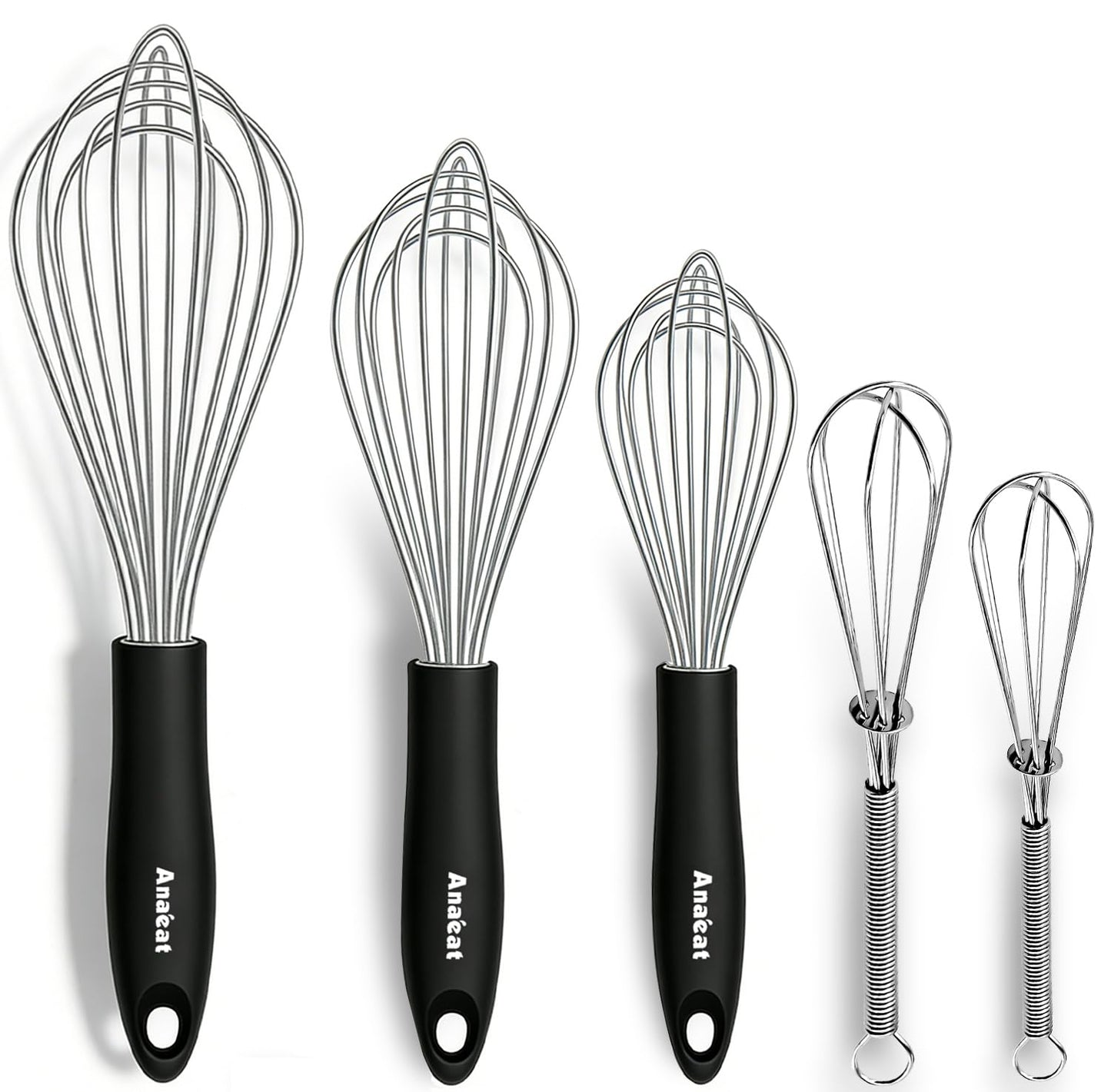 Anaeat Silicone Balloon Whisk, Perfect for Non-Stick Cookware, Milk and Egg Beater Blender, Heat Resistant Kitchen Whisks for Whisking, Cooking, Baking, Beating, Frothing & Stirring (Black)