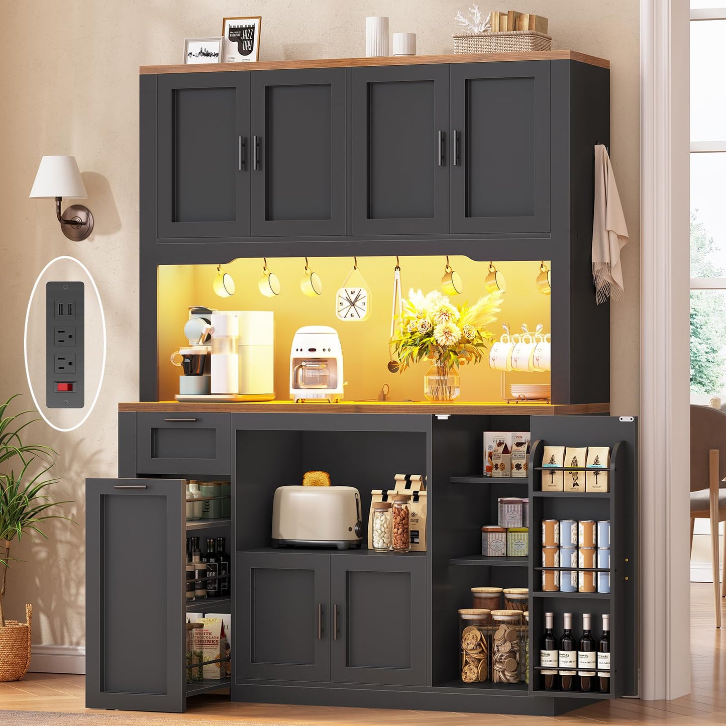 Itaar 71" Pantry Cabinet with Charging Station and LED Light, Kitchen Pantry Cabinet with Microwave Stand, 47.2" Wide Kitchen Storage Cabinets with Storage Cart 3 Tier for Dining Room, Grey